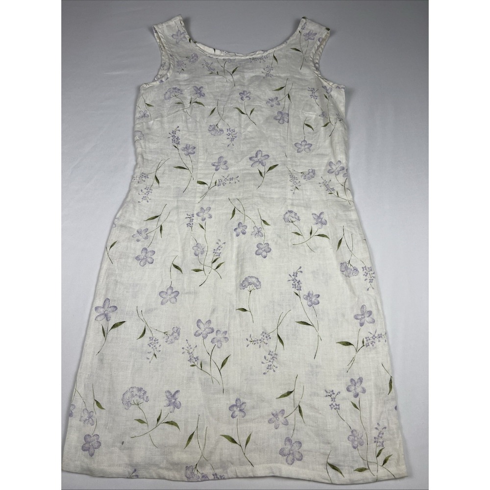 Victoria Holley 100% Linen Floral Shift Dress Ivory Lavender Purple Size 8